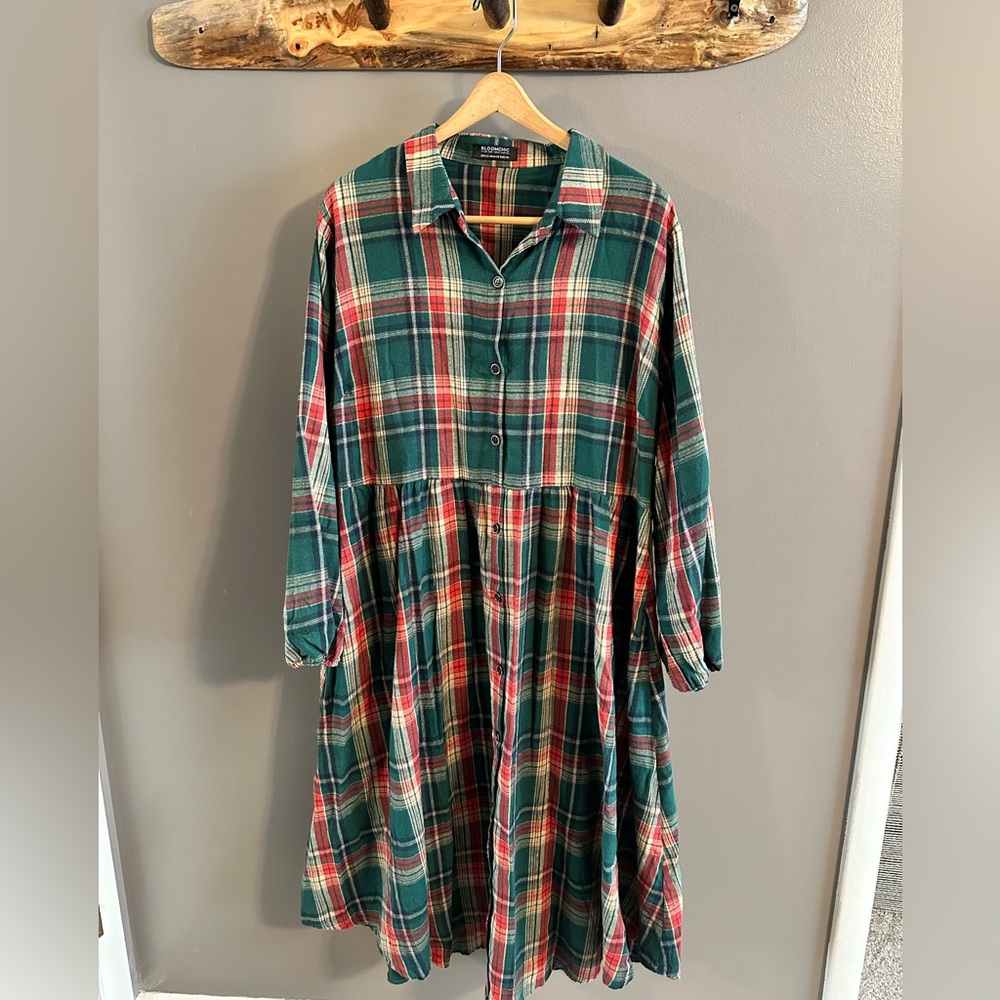 BloomChic Green and Red Plaid Long Sleeve Dress